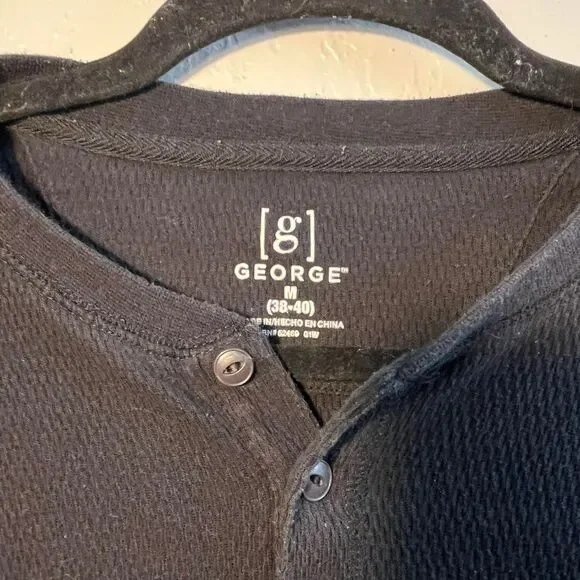 George Men's Black and Navy T-shirt Buttoned Collar  LongSleeve - Picture 4 of 7